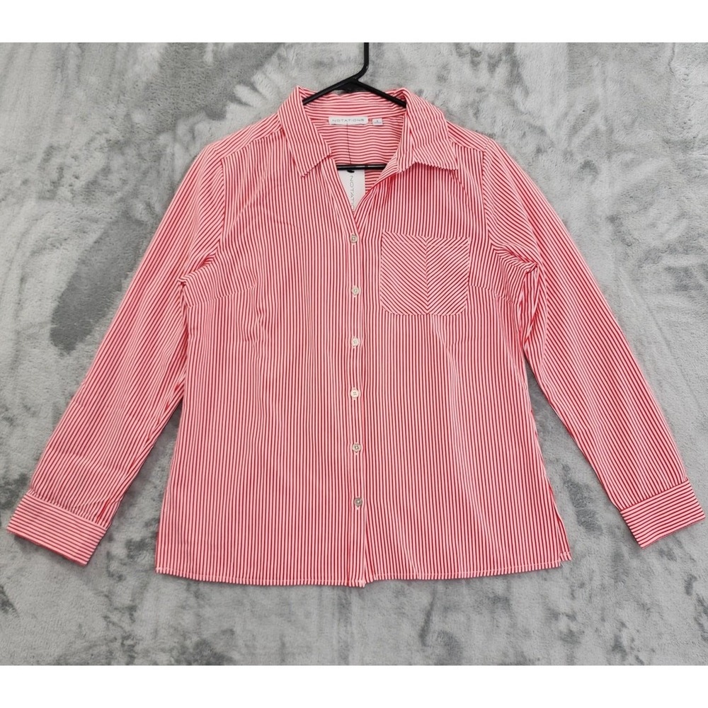 NEW Notations Top Womens S Red White Striped Long Sleeve Button Up Lightweight
